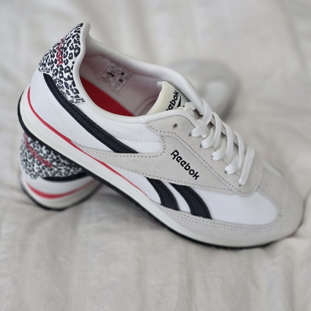 Reebok Women's White and Black Sneakers with Leopard Detail